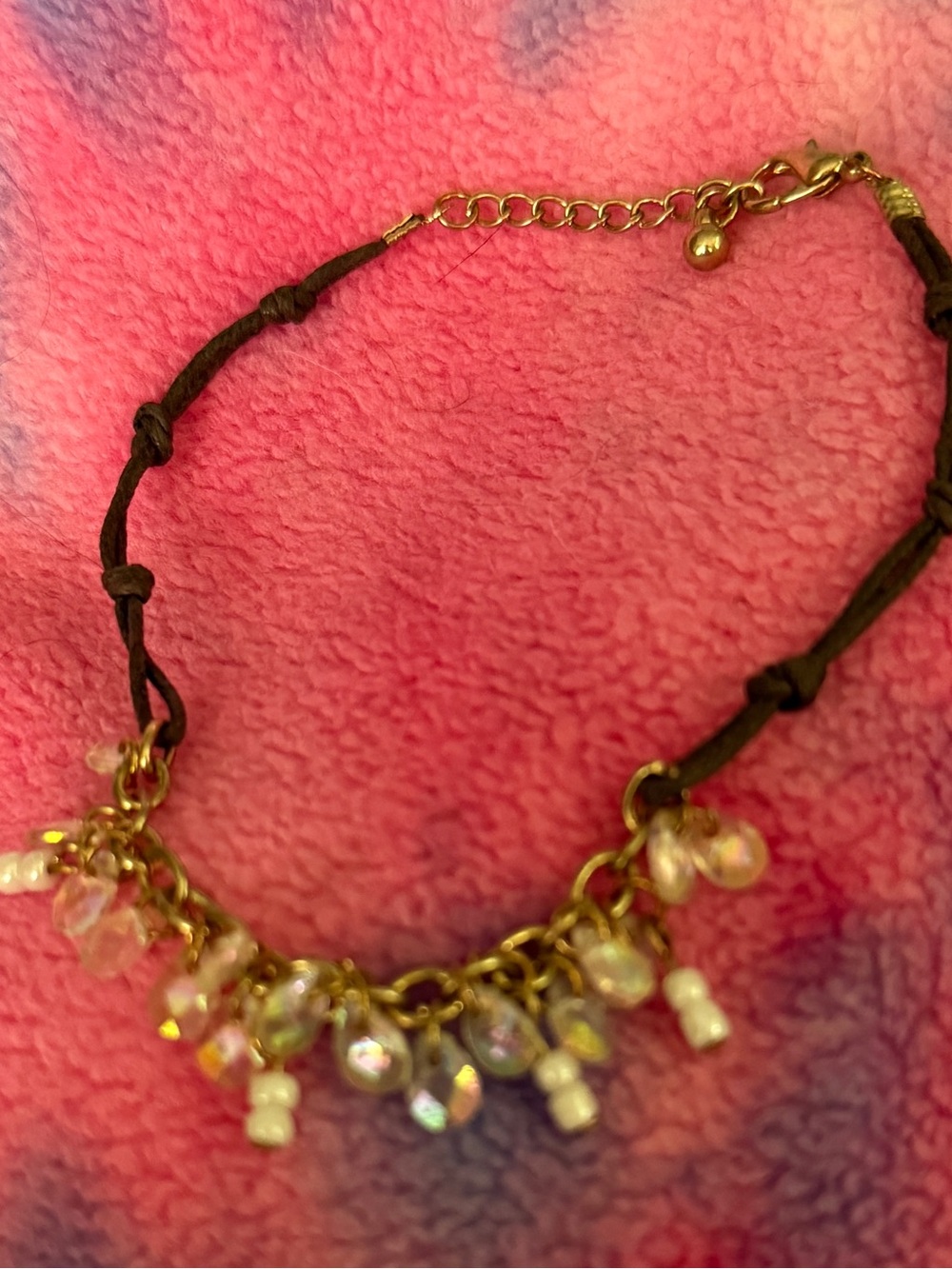 Gold Charm Crystal Dangle Bracelet with Brown Cord